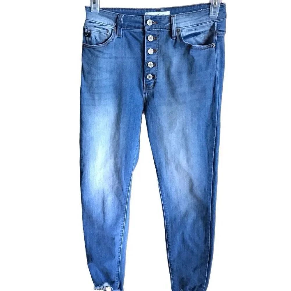Kancan Size 9/28 Juniors Jeans denim blue frayed hem button fly straight leg